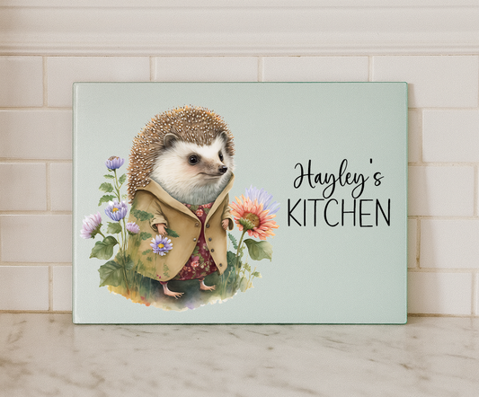 Personalised Hedgehog Glass Chopping Board – Custom Name Kitchen Decor (Small or Large)