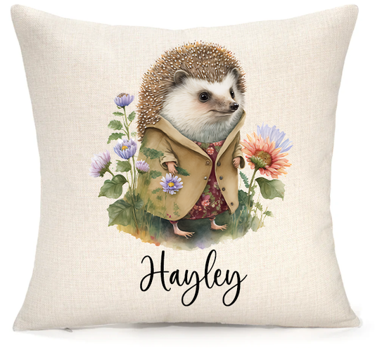 Personalised Woodland Hedgehog Cushion – Premium Linen 45x45cm