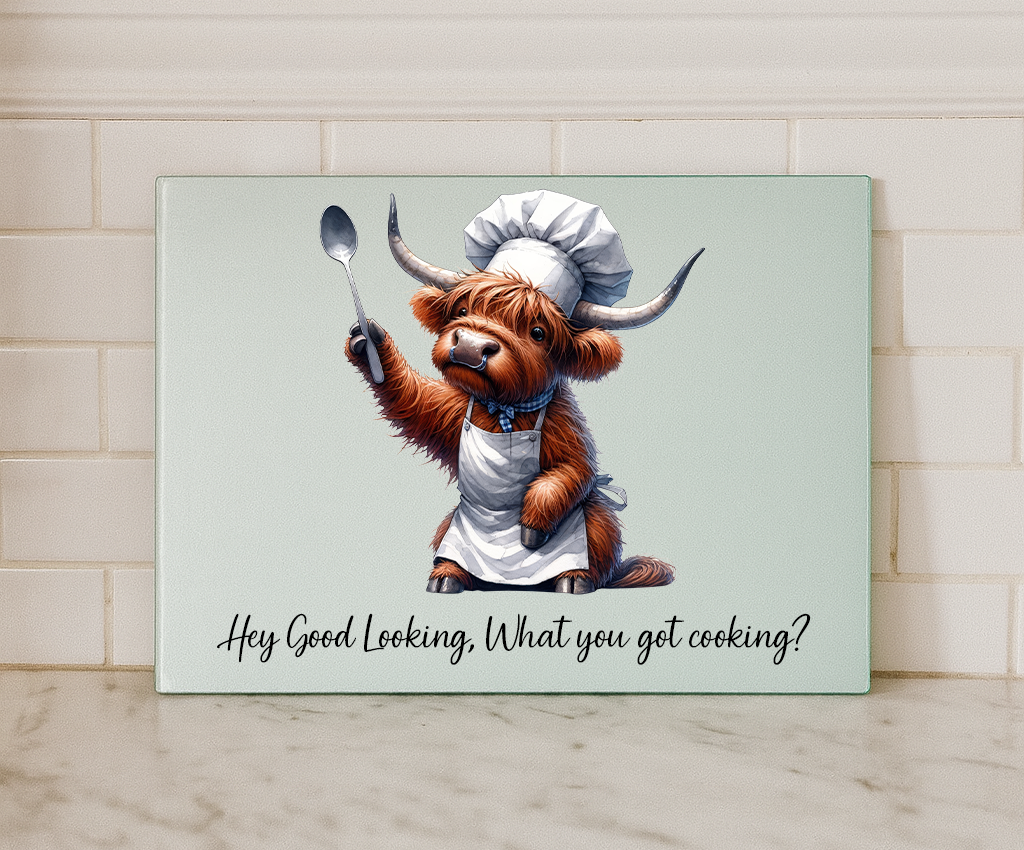 Highland Cow “Hey Good Looking” Glass Chopping Board – Funny Farmhouse Kitchen Decor (Small or Large)