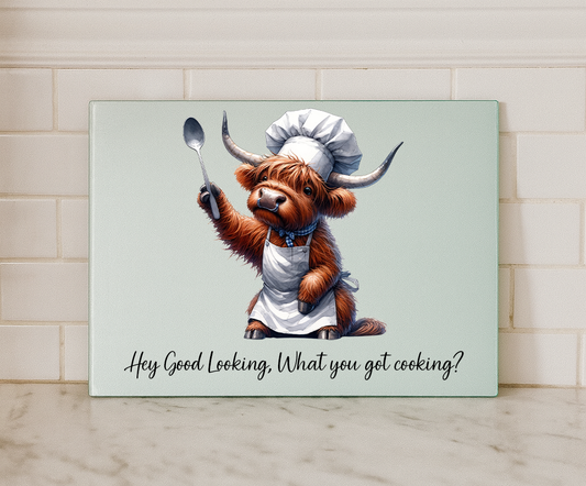 Highland Cow “Hey Good Looking” Glass Chopping Board – Funny Farmhouse Kitchen Decor (Small or Large)