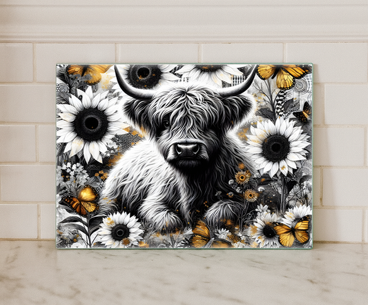 Highland Cow Sunflower Glass Chopping Board / Worktop Saver
