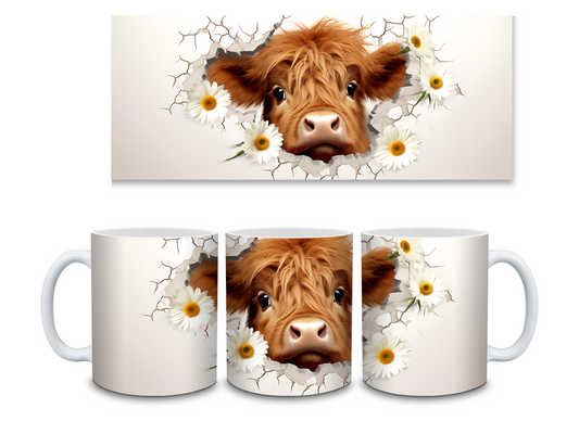 Peek-a-Moo Highland Cow & Daisies Ceramic Mug