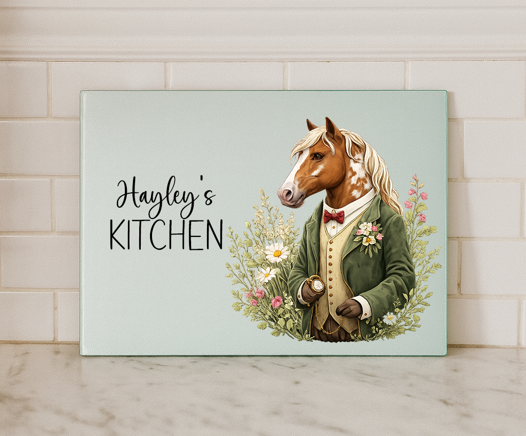 Personalised Horse Glass Chopping Board – Custom Country Kitchen Worktop Saver (Small or Large)