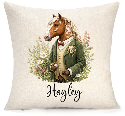 Personalised Woodland Horse Cushion – Premium Linen 45x45cm