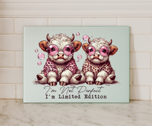 “I’m Not Perfect, I’m Limited Edition” Highland Cow Glass Chopping Board – Funny Pink Farmhouse Kitchen Decor (Small or Large)