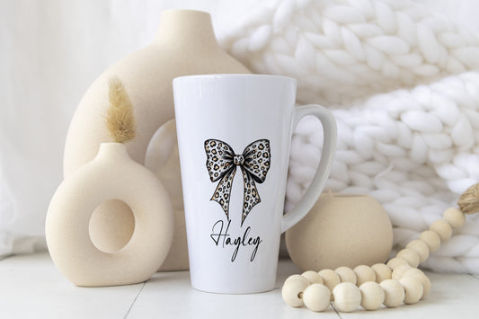 Personalised 17oz Leopard Print Bow Latte Mug