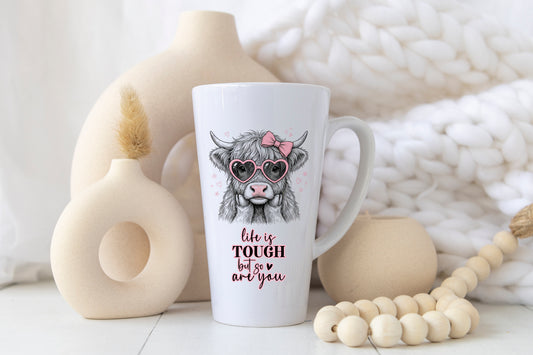 Life Is Tough But So Are You Highland Cow Latte Mug – Cute Motivational Coffee Cup Gift