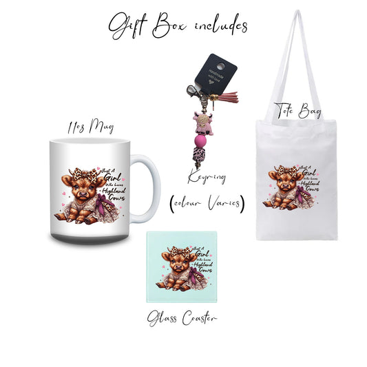 Just a girl who loves Highland Cow Gift Box – Mug, Tote Bag, Coaster & Keyring Set