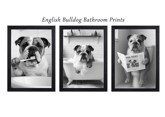 English Bulldog Bathroom Wall Art Prints – Funny Dog Bathroom Decor (A4 & A3 Sizes)