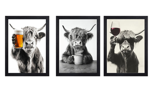 Highland Cow Trio Wall Art – Coffee, Beer & Wine Print Set