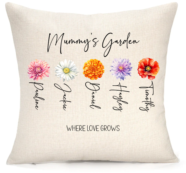 Where love grows Personalised Garden Cushion – Custom Flower Name Linen Pillow 45x45cm