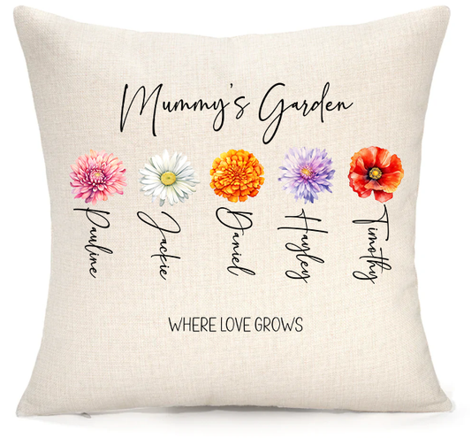 Where love grows Personalised Garden Cushion – Custom Flower Name Linen Pillow 45x45cm
