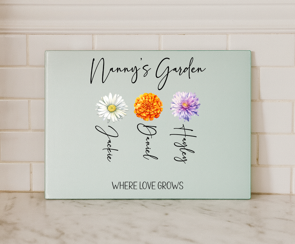 Where Love Grows - Personalised Glass Chopping Board – Custom Flower Names Gift