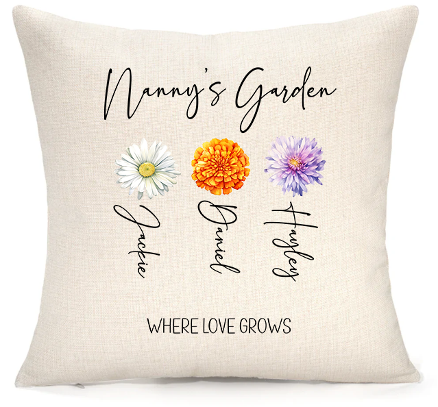 Where love grows Personalised Garden Cushion – Custom Flower Name Linen Pillow 45x45cm