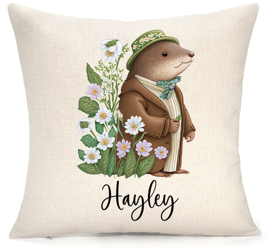Personalised Woodland Otter Cushion – Premium Linen 45x45cm