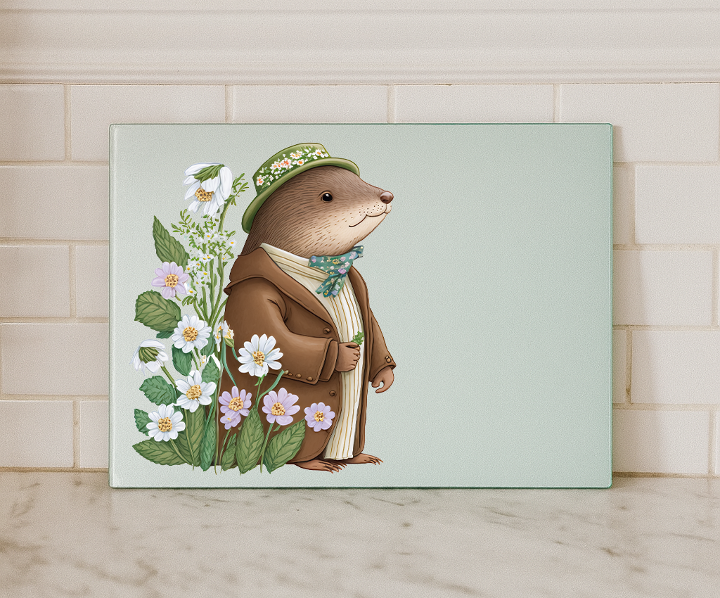 Dapper Otter Glass Chopping Board – Woodland Farmhouse Kitchen Decor (Small or Large)
