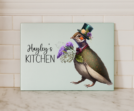 Personalised Vintage Pheasant Glass Chopping Board – Custom Name Country Kitchen Decor (Small or Large)
