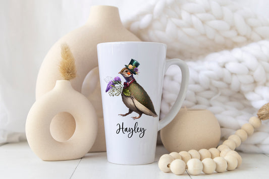 Personalised Pheasant Latte Mug – 17oz Woodland Animal Name Mug – Double Sided Custom Gift