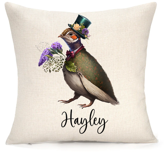 Personalised Woodland Pheasant Cushion – Premium Linen 45x45cm