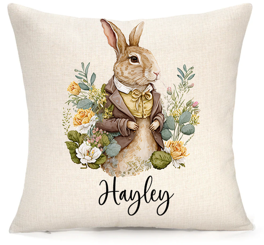 Personalised Woodland Rabbit Cushion – Premium Linen 45x45cm