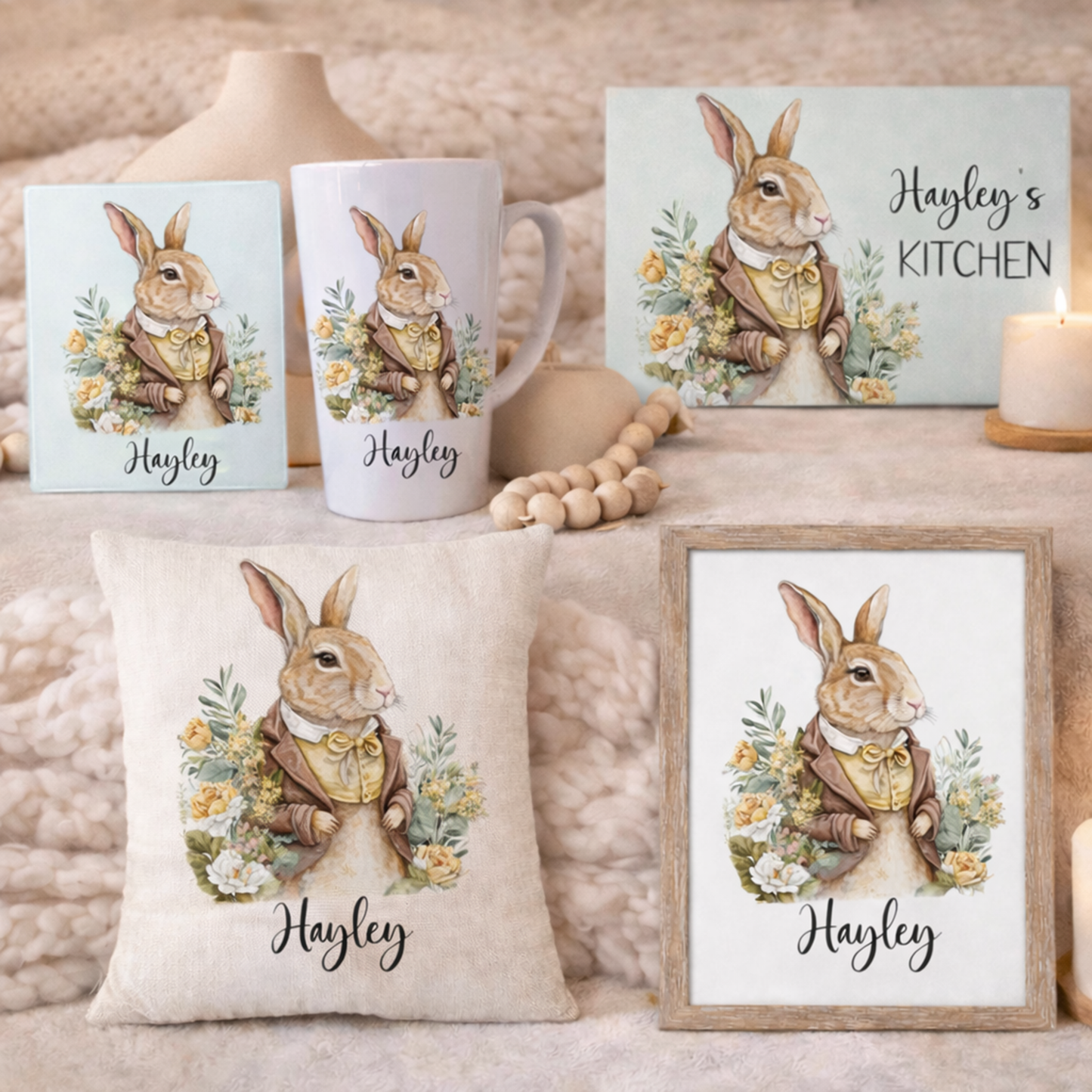 Personalised Rabbit Kitchen & Home Bundle – Custom Name Mug, Cushion, Coaster, Chopping Board & Print Set