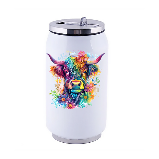 Personalised Rainbow Highland Cow 14oz Stainless Steel Tumbler – Custom Name Soda Can Cup with Lid