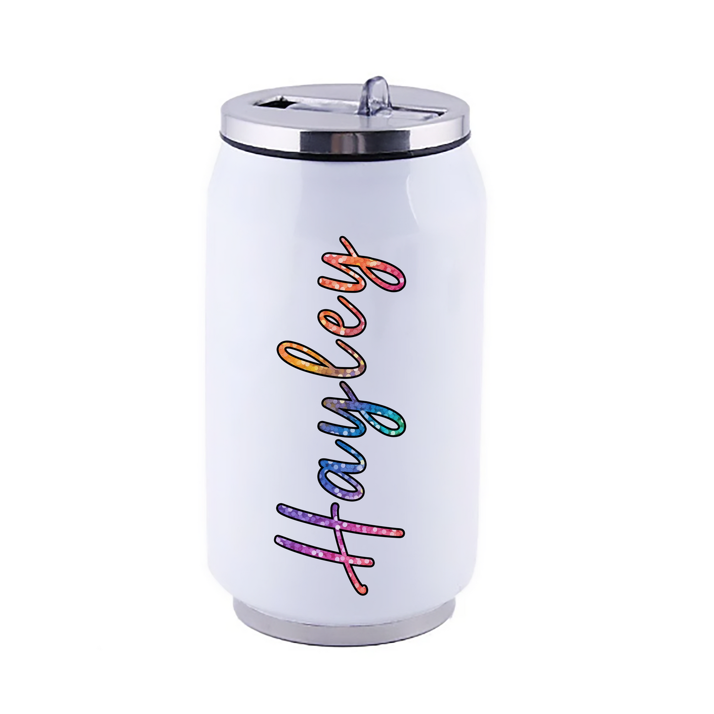 Personalised Rainbow Highland Cow 14oz Stainless Steel Tumbler – Custom Name Soda Can Cup with Lid