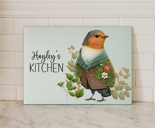 Personalised Vintage Robin Glass Chopping Board – Custom Name Country Kitchen Decor (Small or Large)