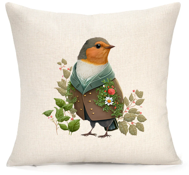 Personalised Woodland Robin Cushion – Premium Linen 45x45cm