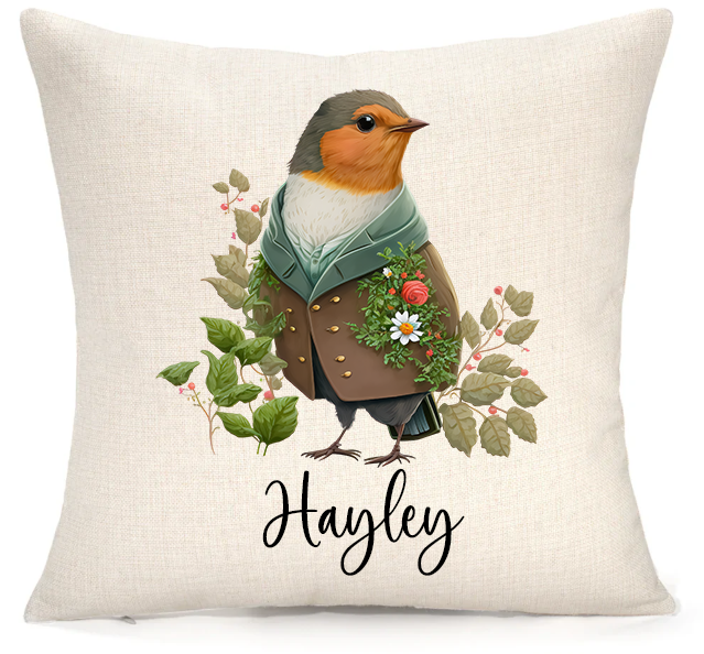 Personalised Woodland Robin Cushion – Premium Linen 45x45cm