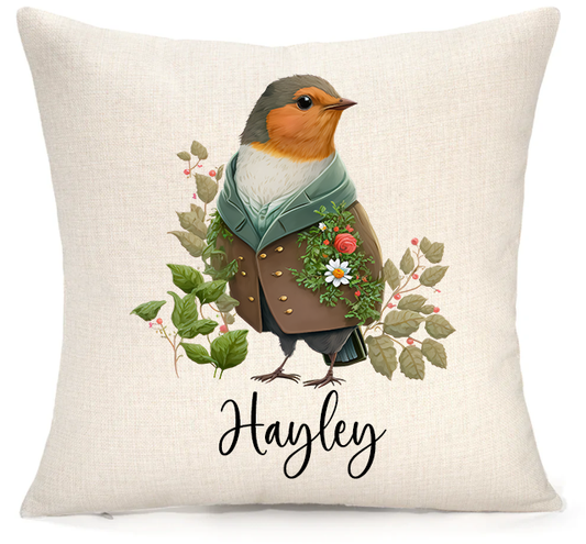 Personalised Woodland Robin Cushion – Premium Linen 45x45cm