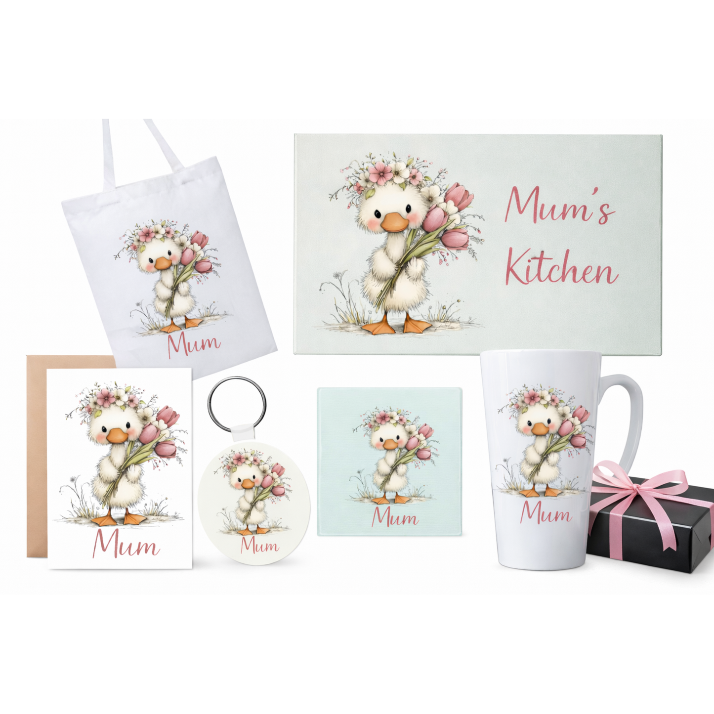 Personalised Mum Duck Gift Collection | Mother’s Day Tote, Mug, Card, Coaster, keyring & Kitchen Board