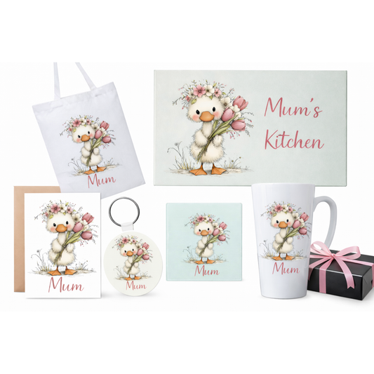 Personalised Mum Duck Gift Collection | Mother’s Day Tote, Mug, Card, Coaster, keyring & Kitchen Board
