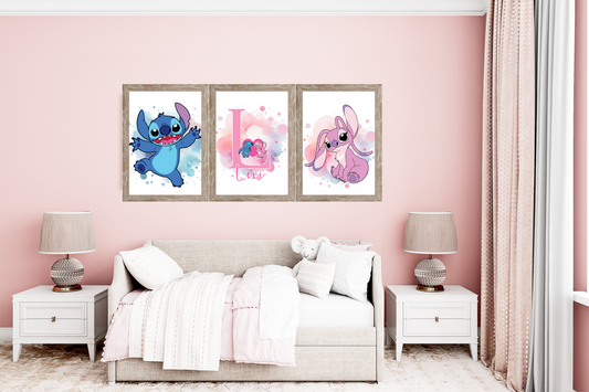 A4 Stitch & Angel Personalised Triple-Frame Set – Custom Name & Initial in Light Wood Effect Frames