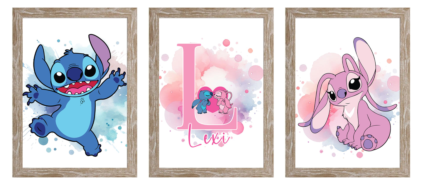 A4 Stitch & Angel Personalised Triple-Frame Set – Custom Name & Initial in Light Wood Effect Frames