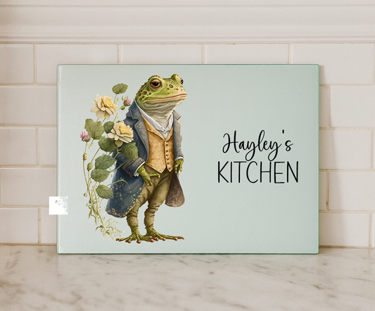 Personalised Vintage Frog Glass Chopping Board – Custom Name Kitchen Decor (Small or Large)
