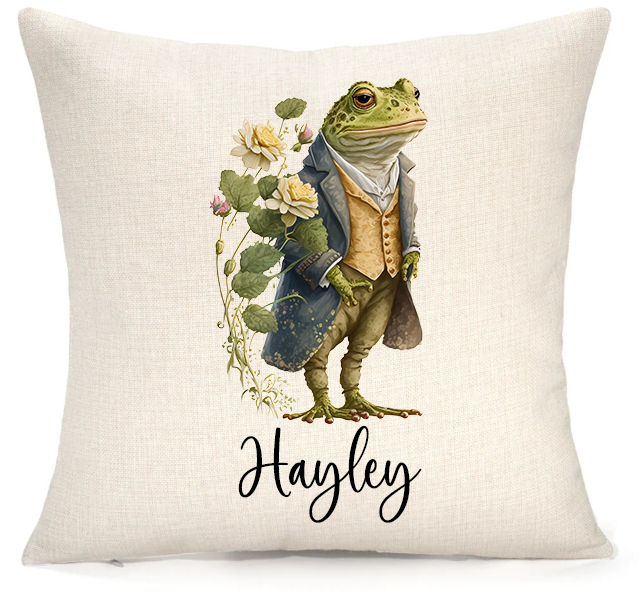 Personalised Woodland Toad Cushion – Premium Linen 45x45cm