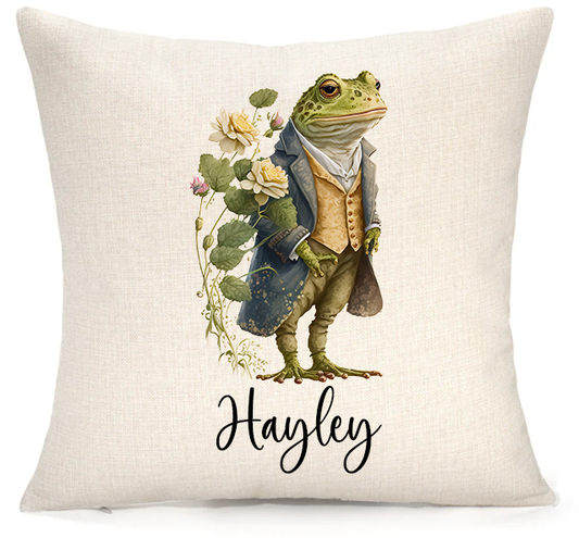 Personalised Woodland Toad Cushion – Premium Linen 45x45cm